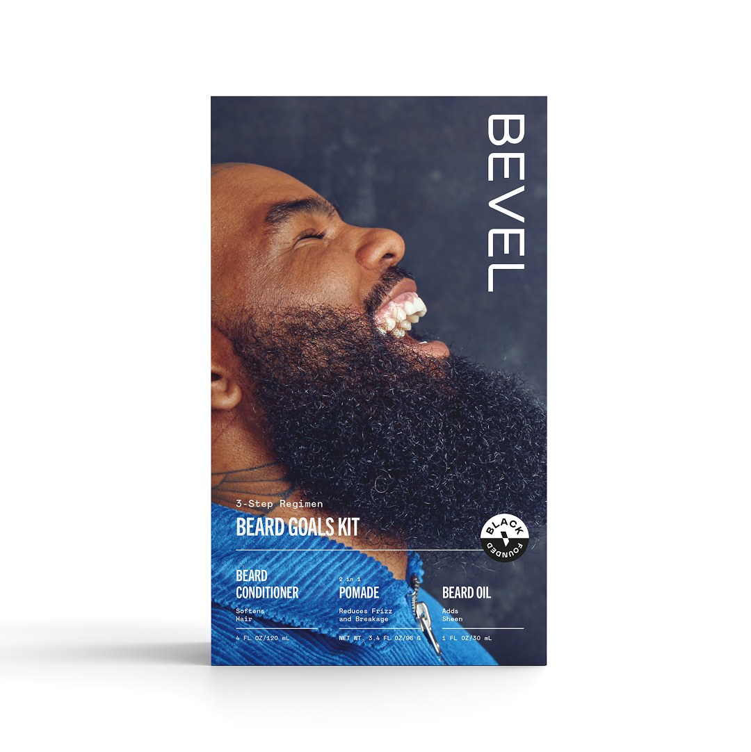 Bevel beard care kit packaging with a man with a beard on a white background