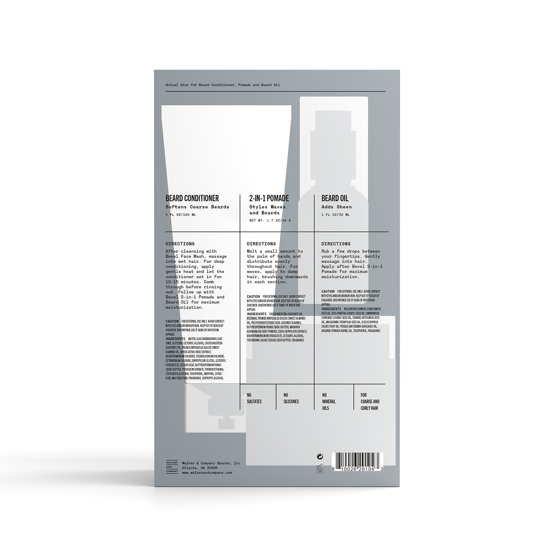 Back view of a gray packaging with text and product names on a white background