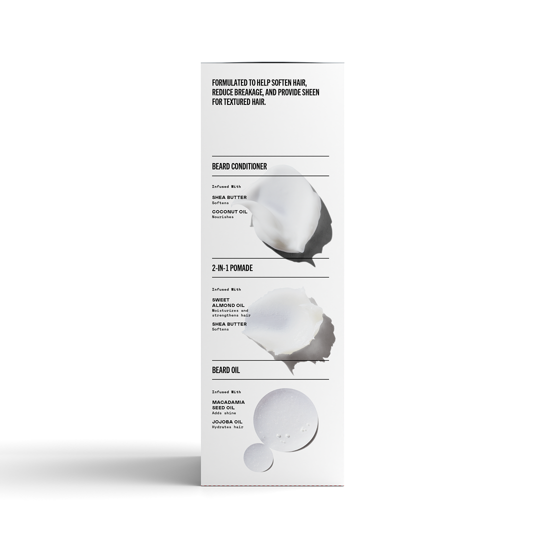 Product packaging with text and images of hair care items on a white background