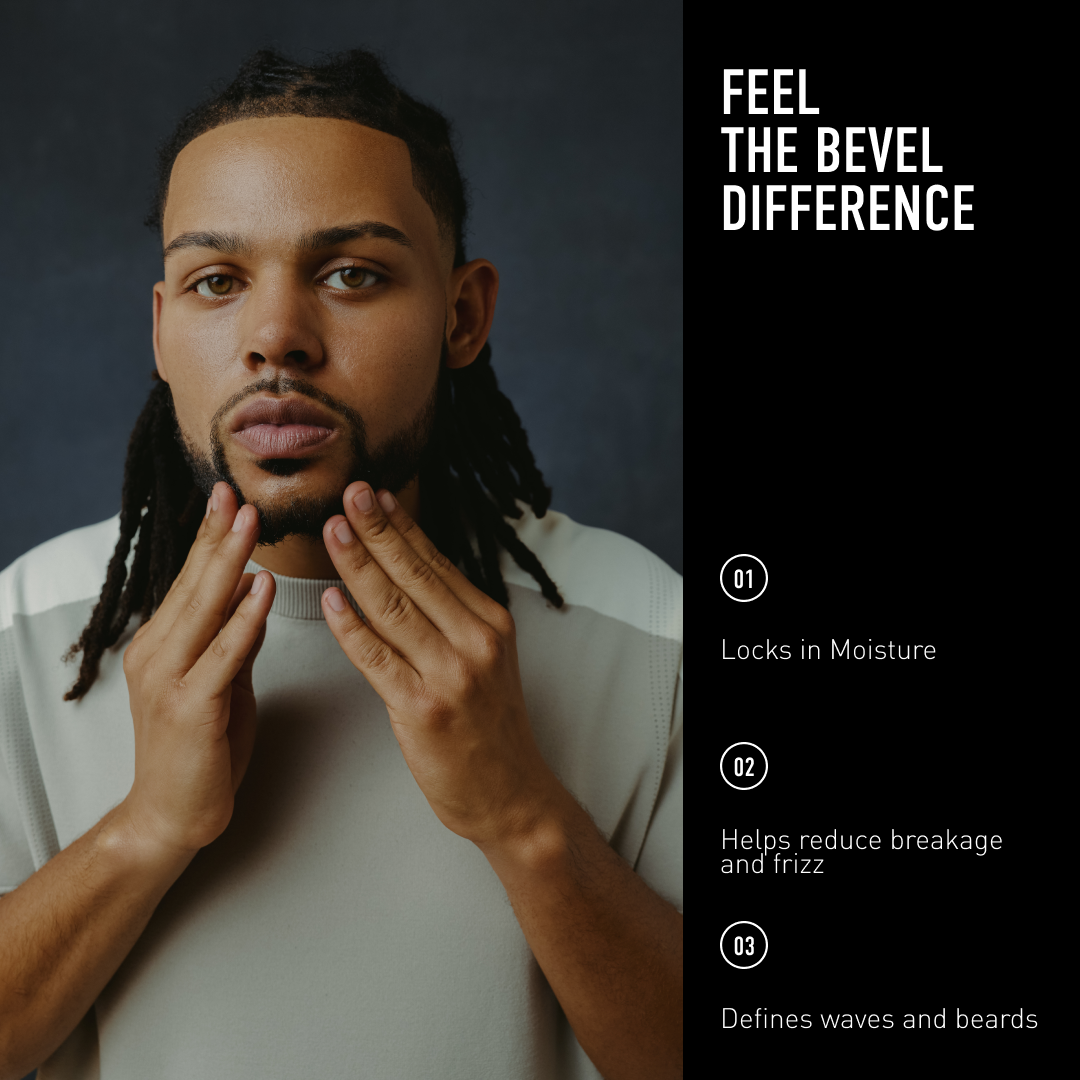 Man with styled hair touching his beard, with text on the side about hair care benefits.