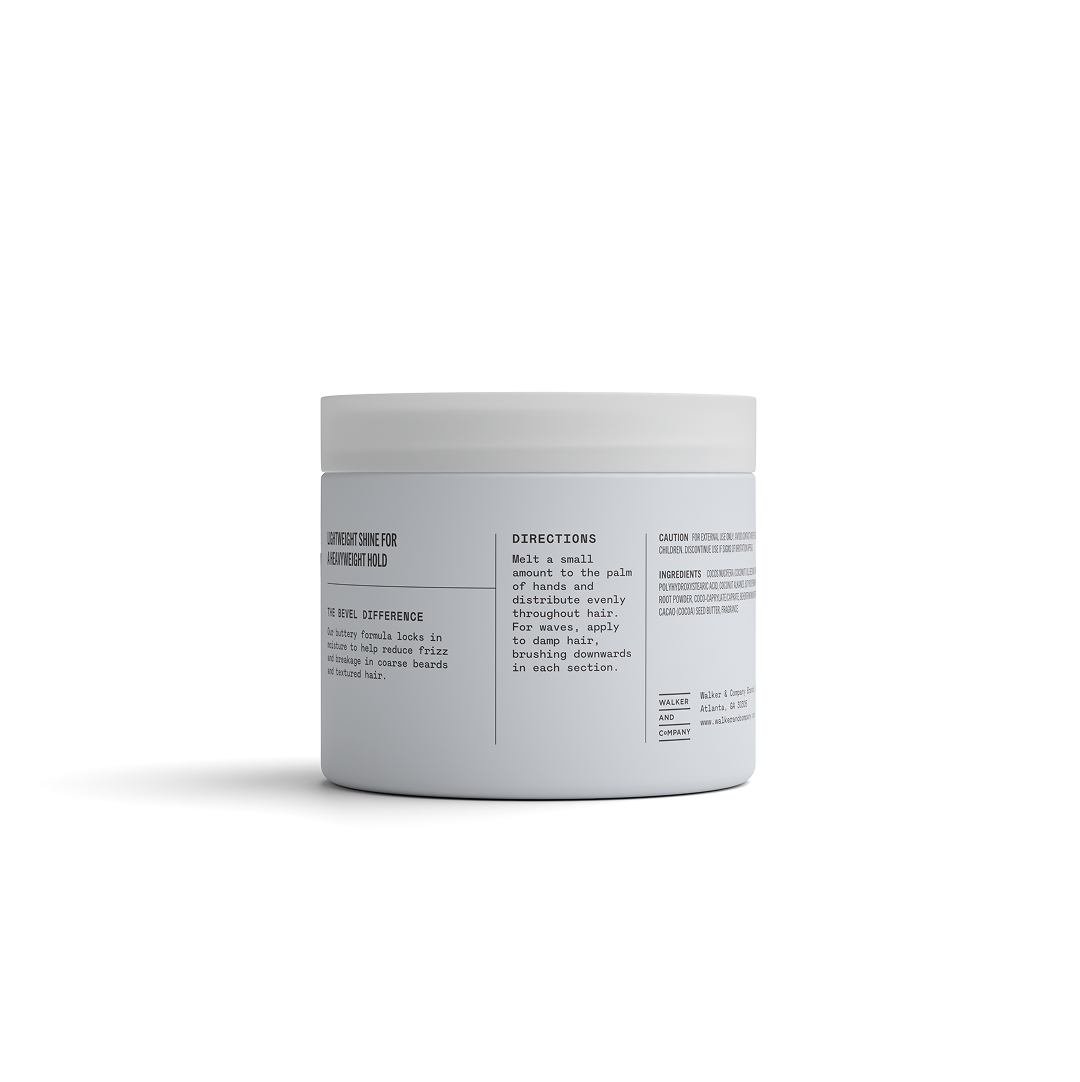White hair product jar with text on a white background