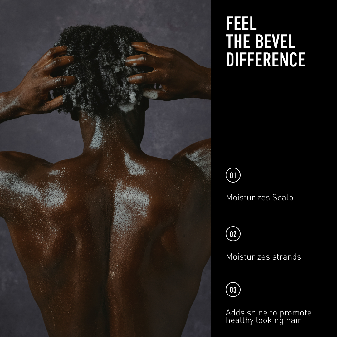 Person with textured hair, hands on head, against a dark background with text about scalp care.