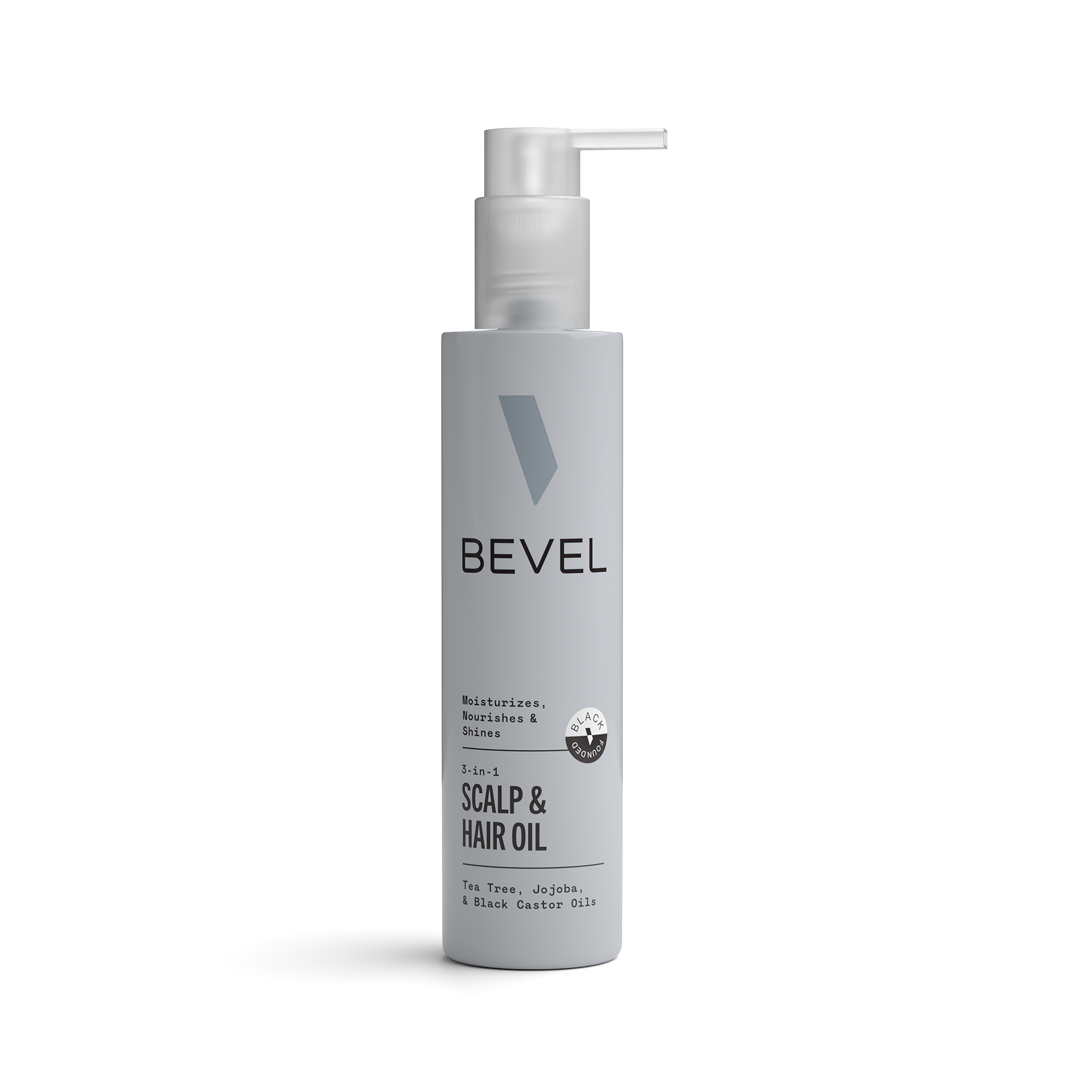 Bevel scalp and hair oil bottle on a white background