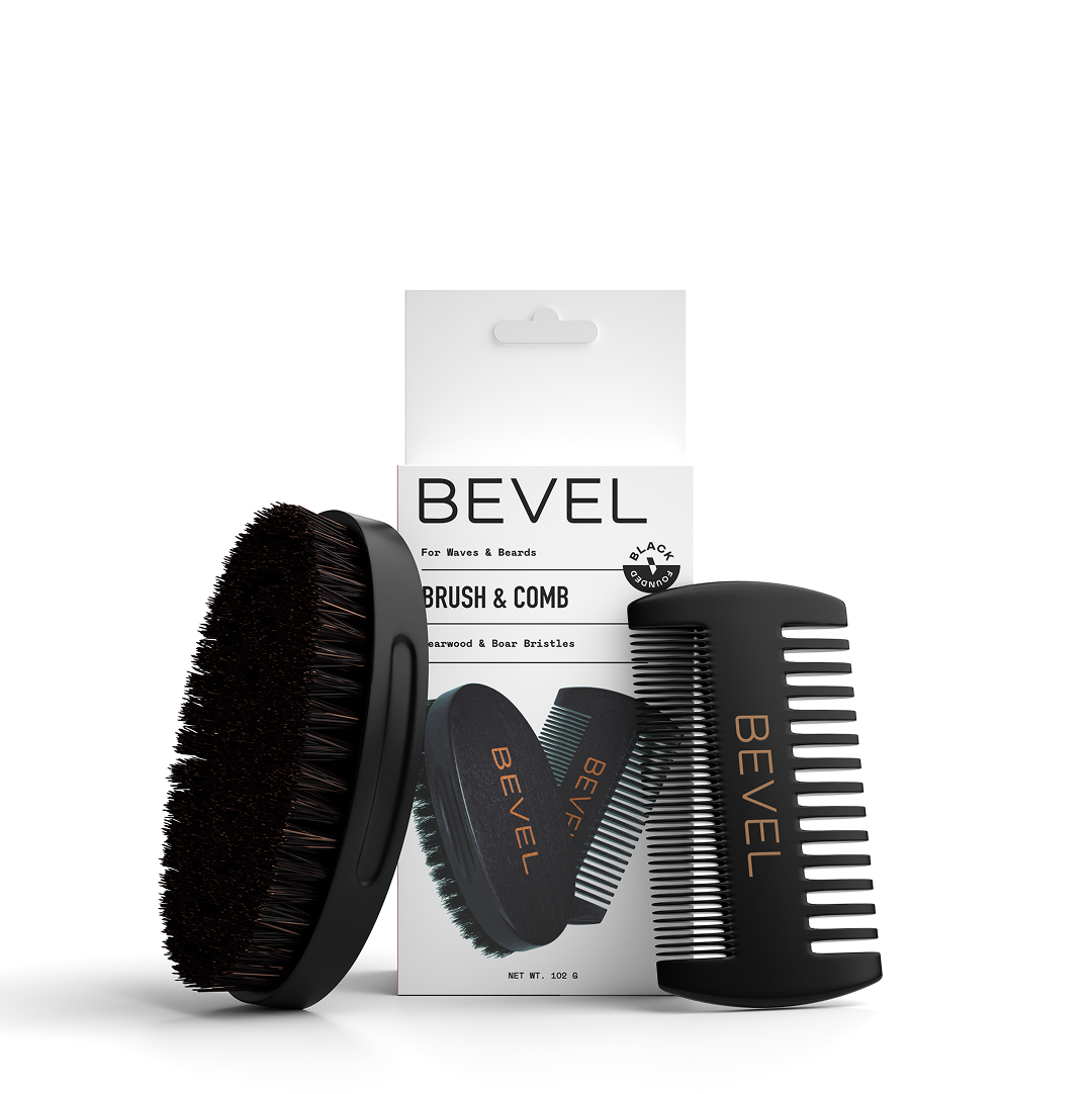 Bevel Comb and Brush set packaging on white background