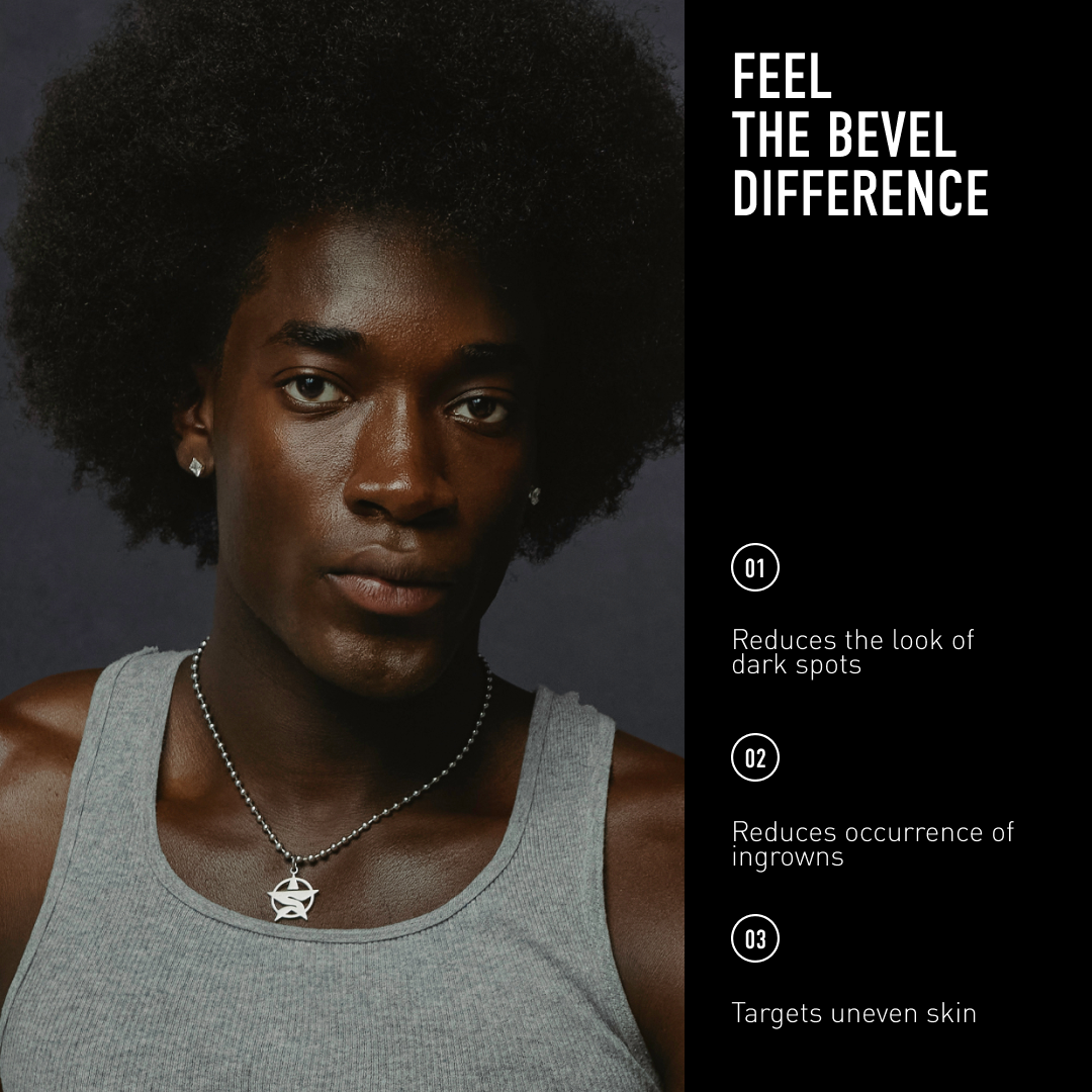 Person wearing a gray tank top with text on the side about skincare benefits