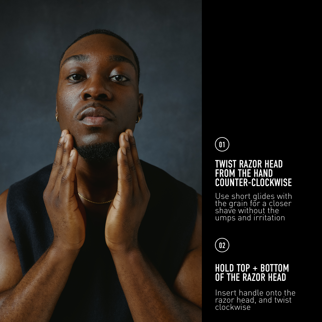 Man with a beard touching his face against a dark background with text on the right side.
