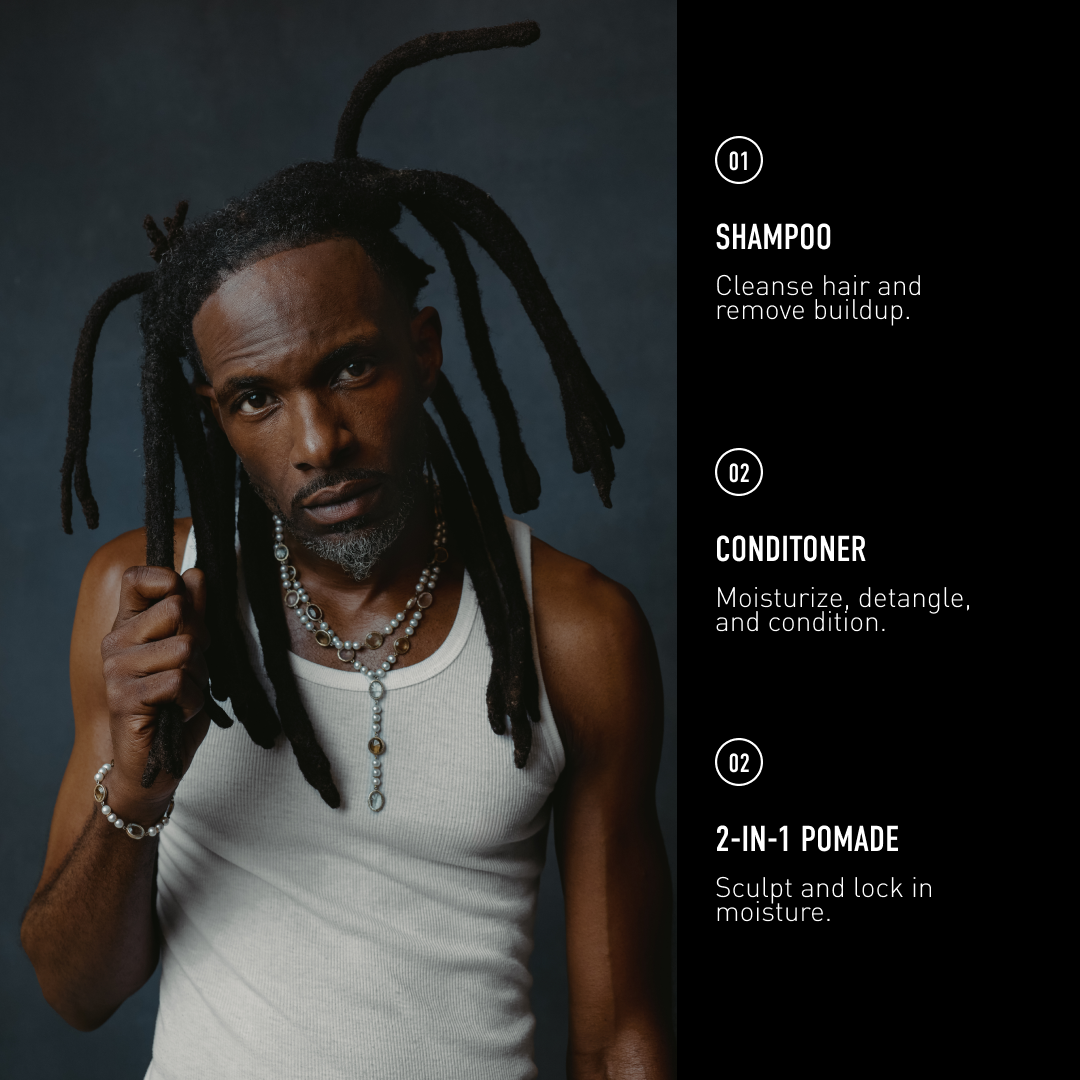 Man with dreadlocks wearing a white tank top against a dark background with hair care product instructions.