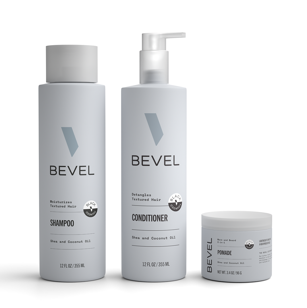 Bevel shampoo, conditioner, and pomade bottles on a white background