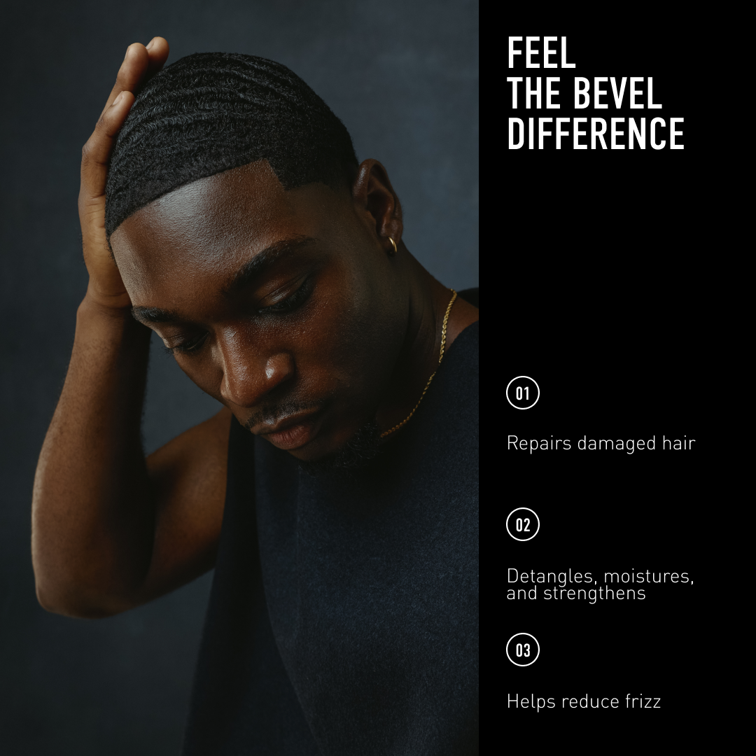 Man with styled hair against a dark background with promotional text on the side.