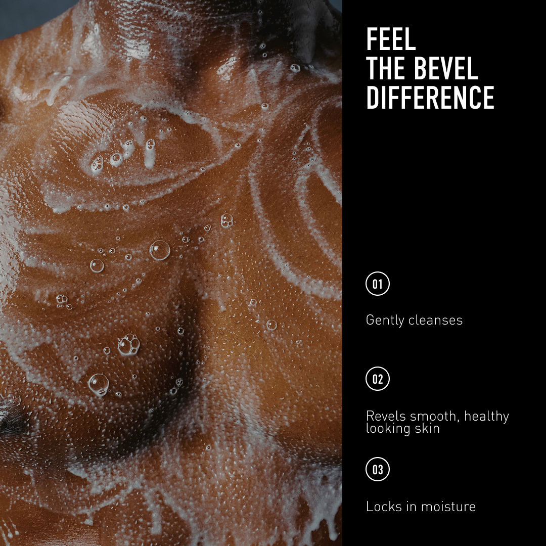 Close-up of a person's face with soap bubbles, text about skincare benefits on the right.