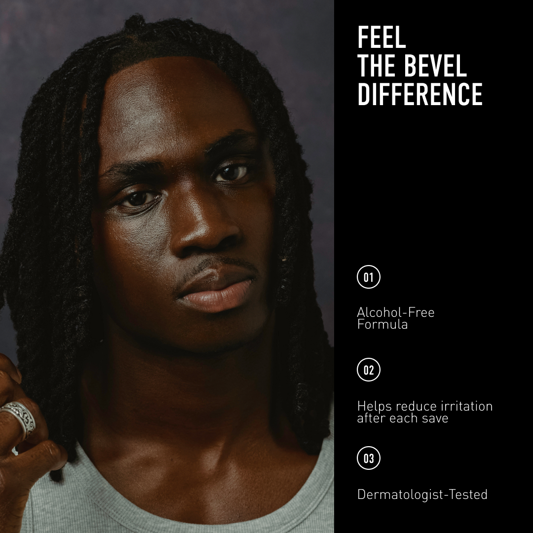 Man with braided hair on a dark background with text about a product.