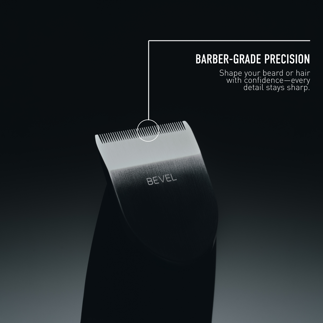Bevel grooming tool with 'Barber-Grade Precision' text on a dark background