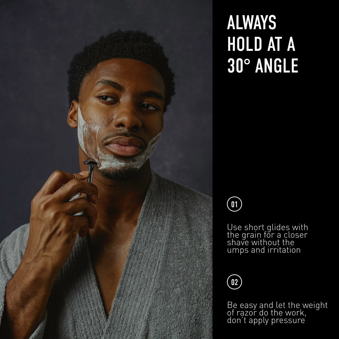 Man shaving with a razor, wearing a gray robe, on a dark background with text on how to use a razor at a 30-degree angle.