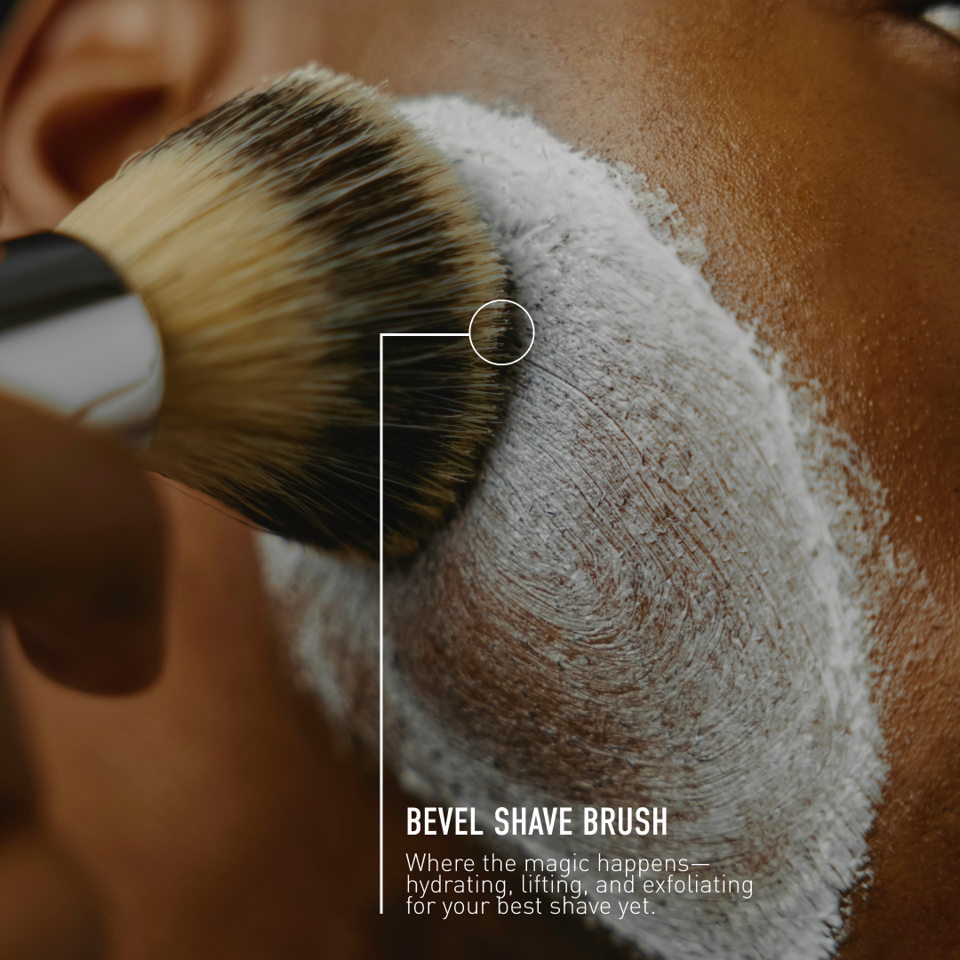 Bevel Shave Brush applying shaving cream to a person's face with text description.