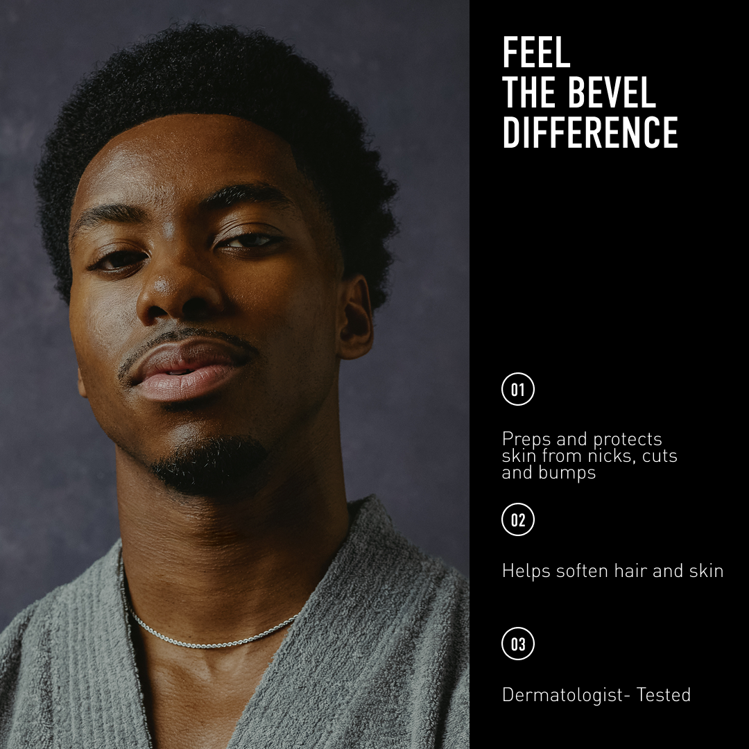 Man with a gray sweater against a dark background with text about skincare product benefits.