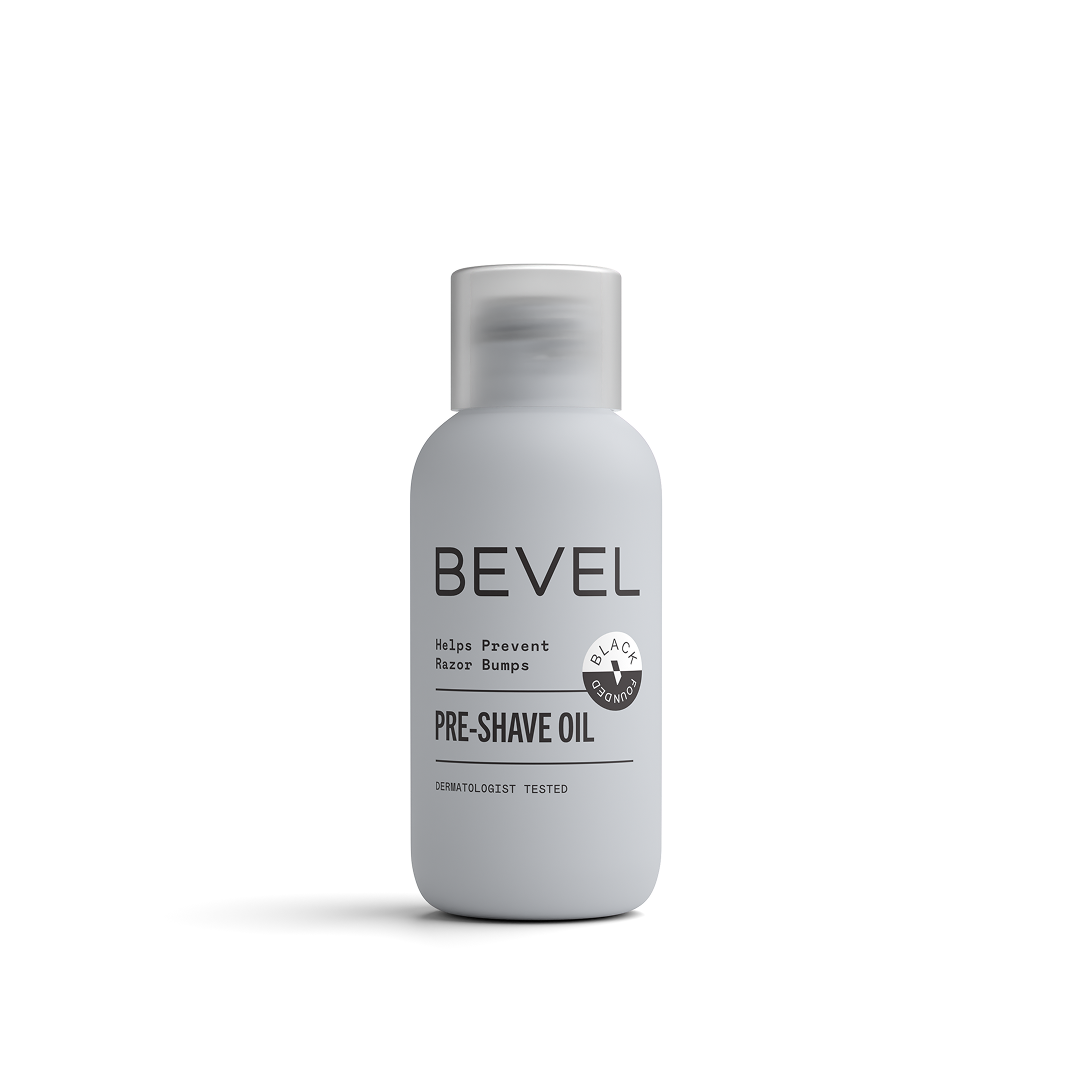 Bevel pre-shave oil bottle on a white background