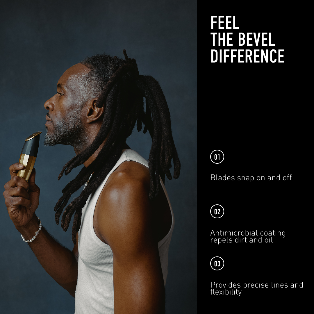 Man with dreadlocks holding a razor with text on the side about blade features.