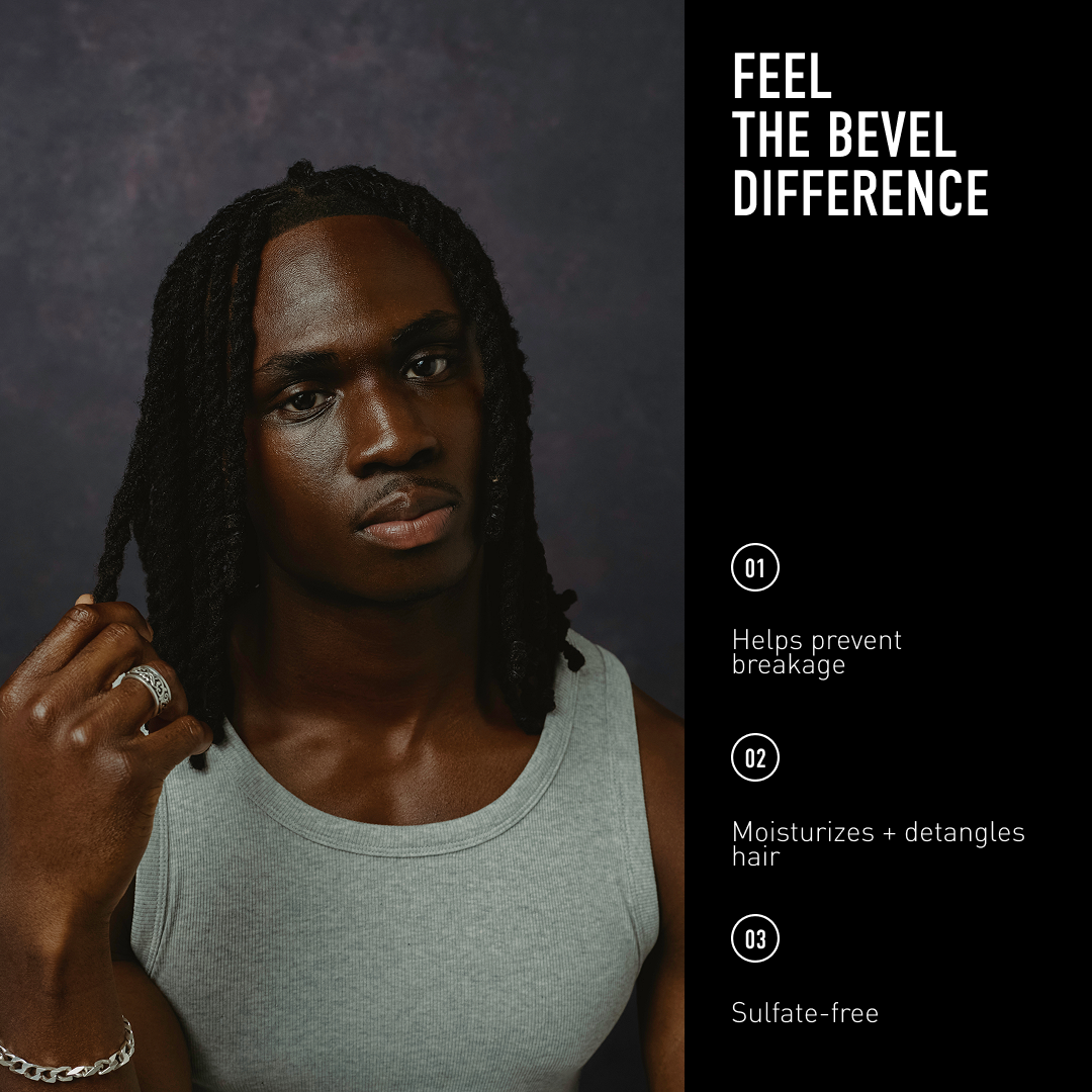 Man with braided hair wearing a gray tank top against a dark background with text about hair care products.