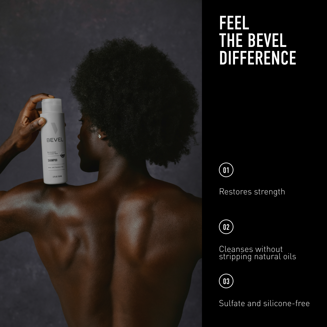 Person holding a BEVEL product with promotional text on a dark background