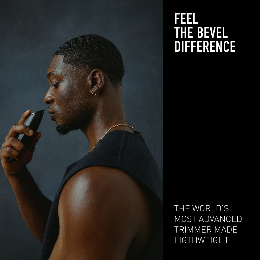 Man using a trimmer with promotional text on a dark background