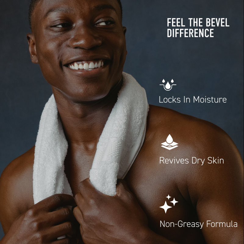Man with a white towel around his neck against a dark background, with text about skincare benefits.