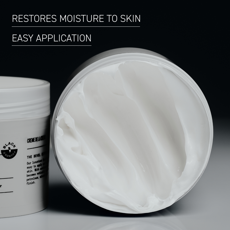 White cream jar with open lid on a gray background, featuring text about skin moisture restoration and easy application.