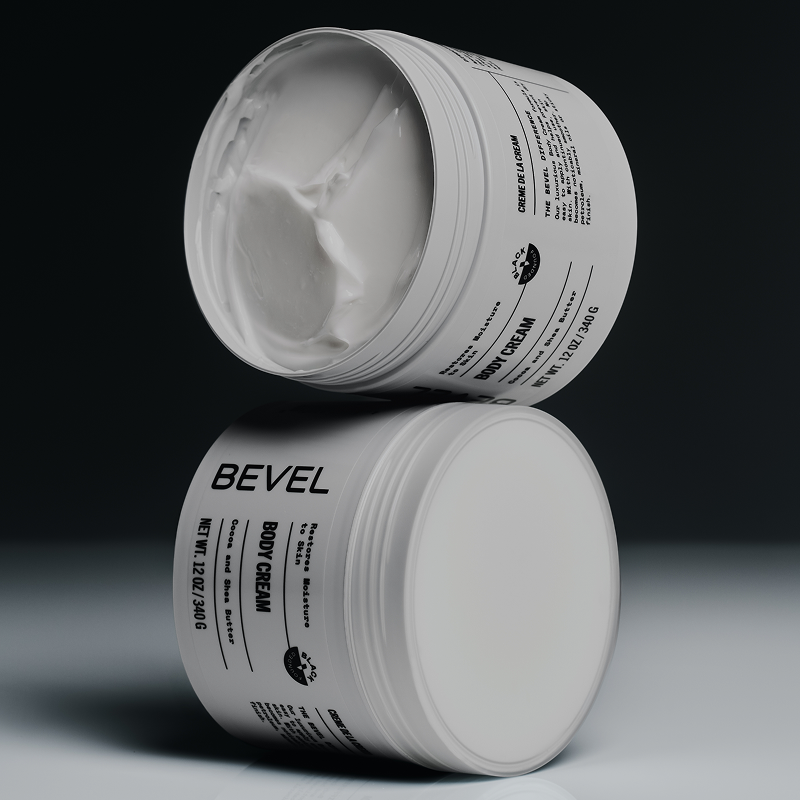 Two jars of BEVEL body cream on a gradient background
