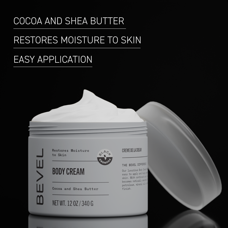 Bevel body cream jar with open lid on a black background