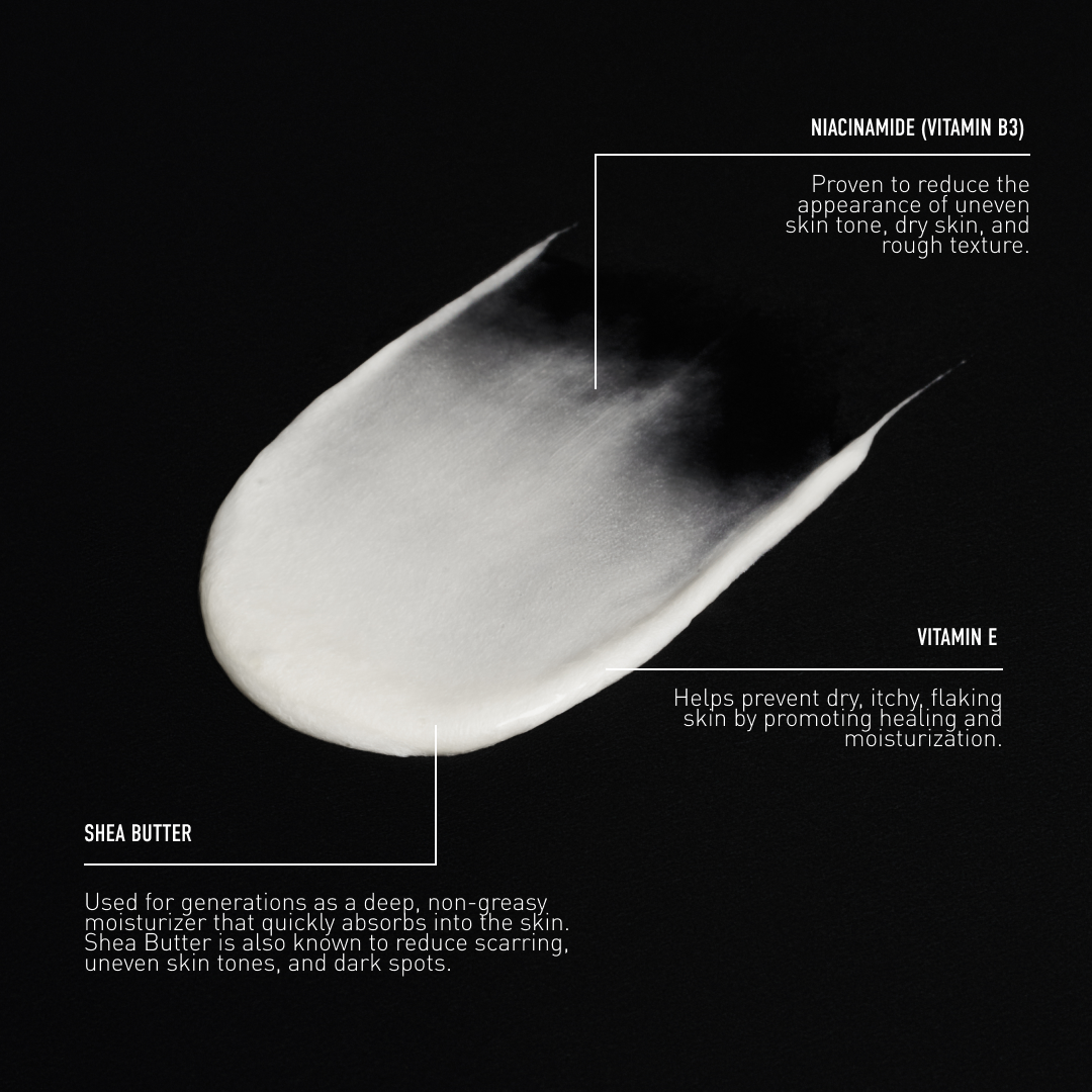 Black and white image of a skincare product with text on a black background