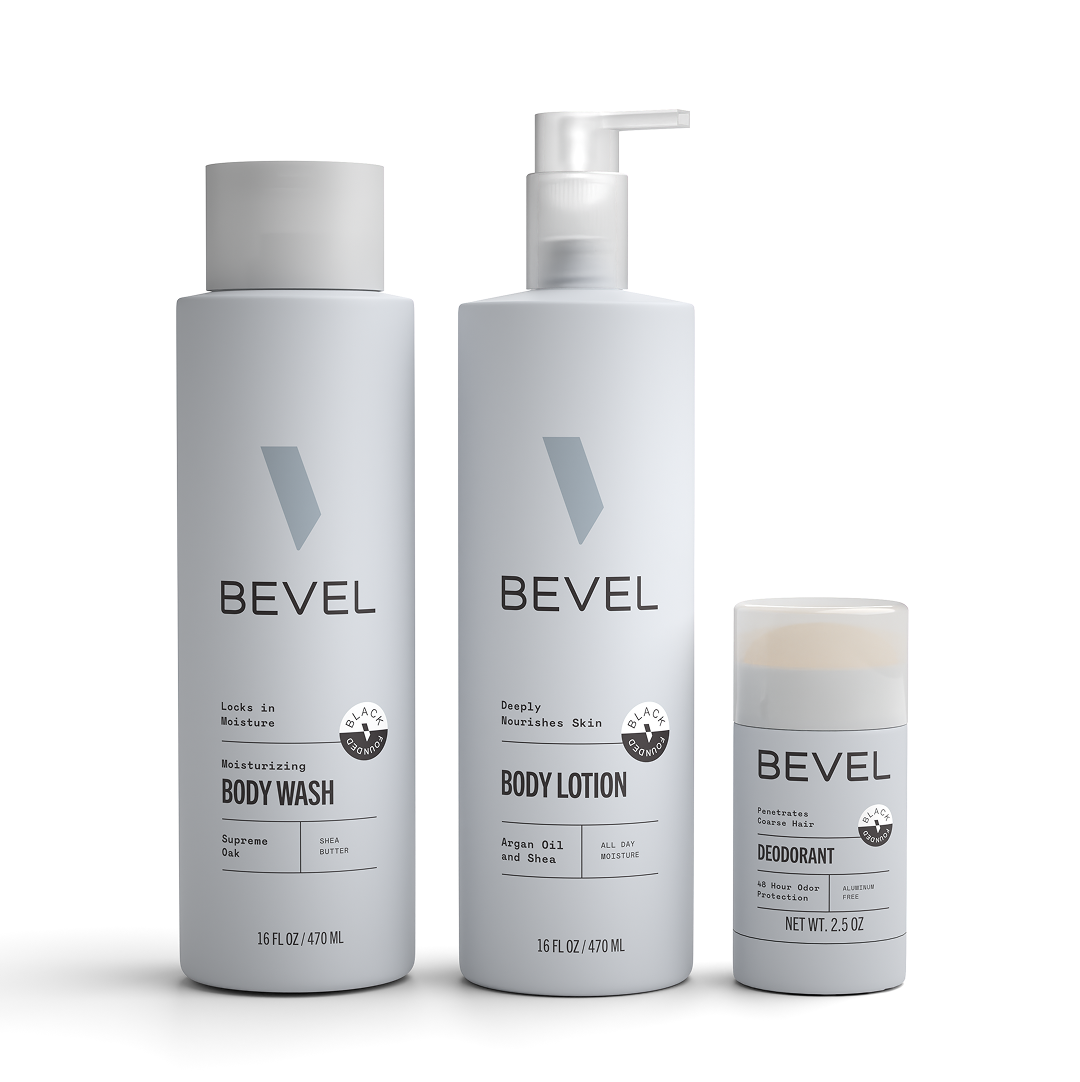 Three BEVEL skincare products on a white background