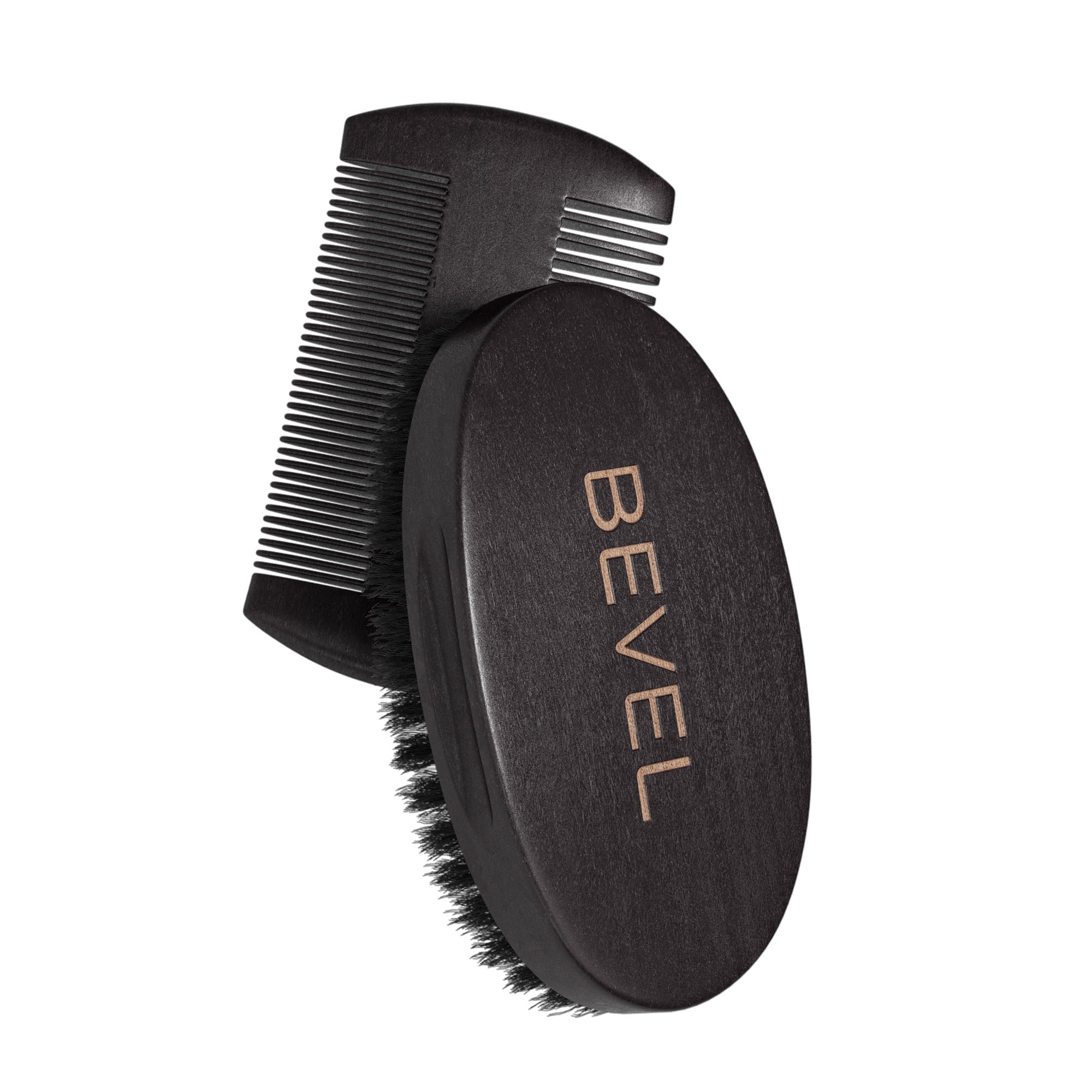 A black brush and comb set with boar bristles, featuring the brand name 'BEVEL' on the comb.