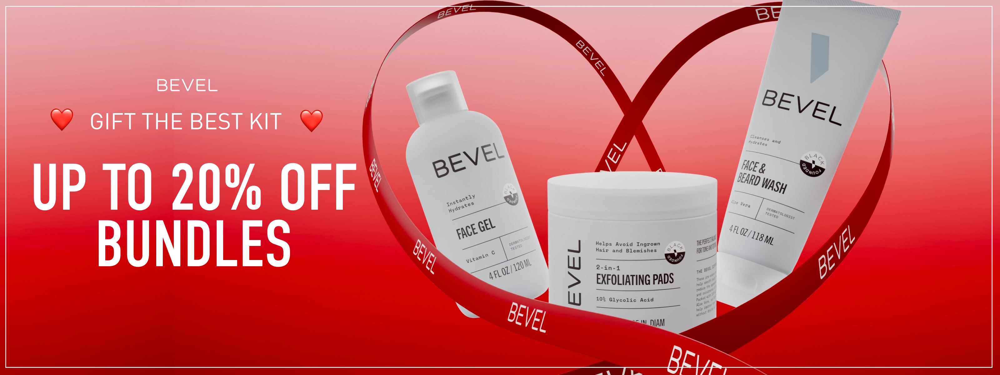 Bevel skincare products with promotional text on a red background showing 20% off bundles