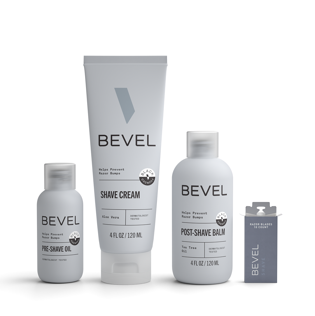 Bevel grooming products including pre-shave oil, shave cream, post-shave balm, and razor blades on a white background.