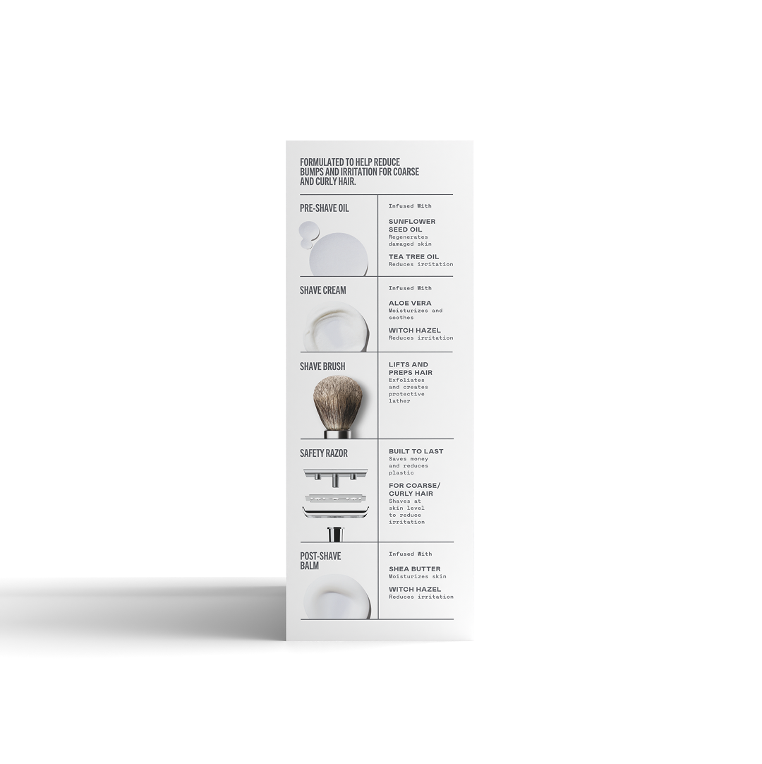 Product packaging with a list of grooming items on a white background