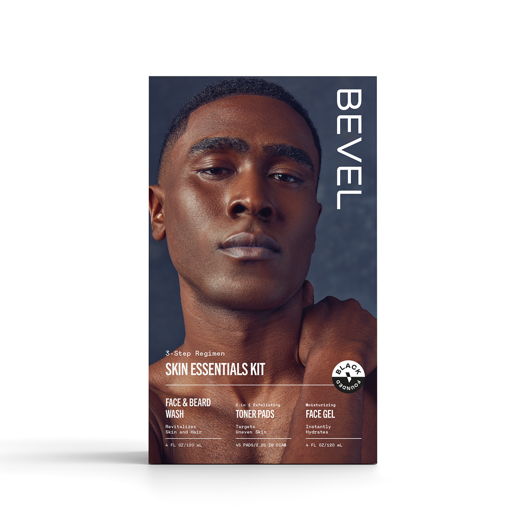 Bevel Skin Essentials Kit packaging with a man's face on a white background