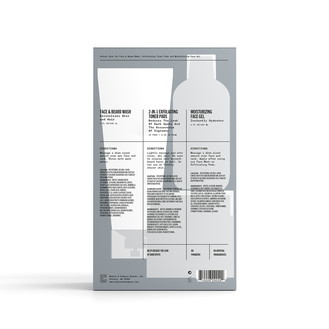 Product packaging with a list of items on a white background