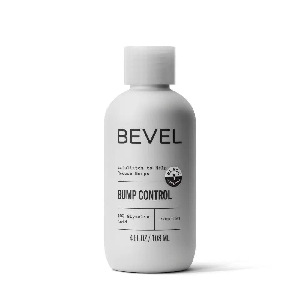 A bottle of Bevel Post Shave Bump Control, which is free of drying alcohols and contains green tea and glycolic acid for smoother skin.