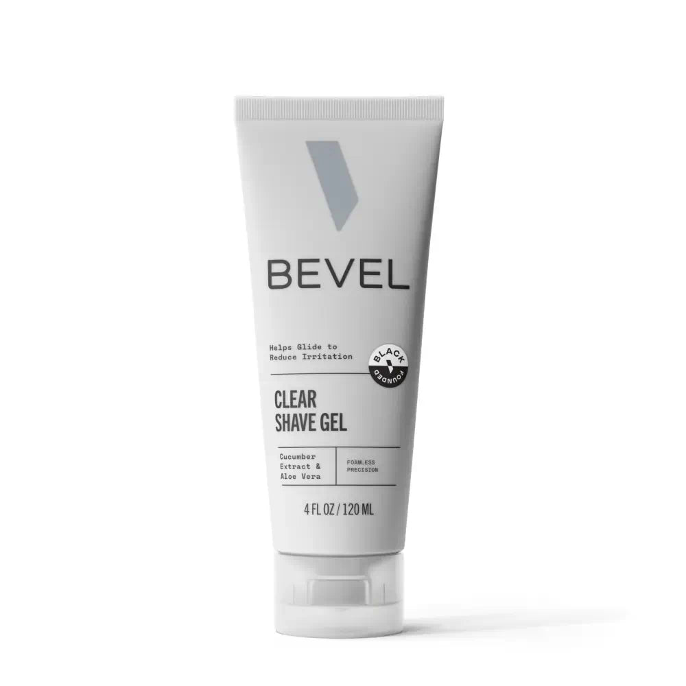 A tube of Bevel Clear Shave Gel against a white background.