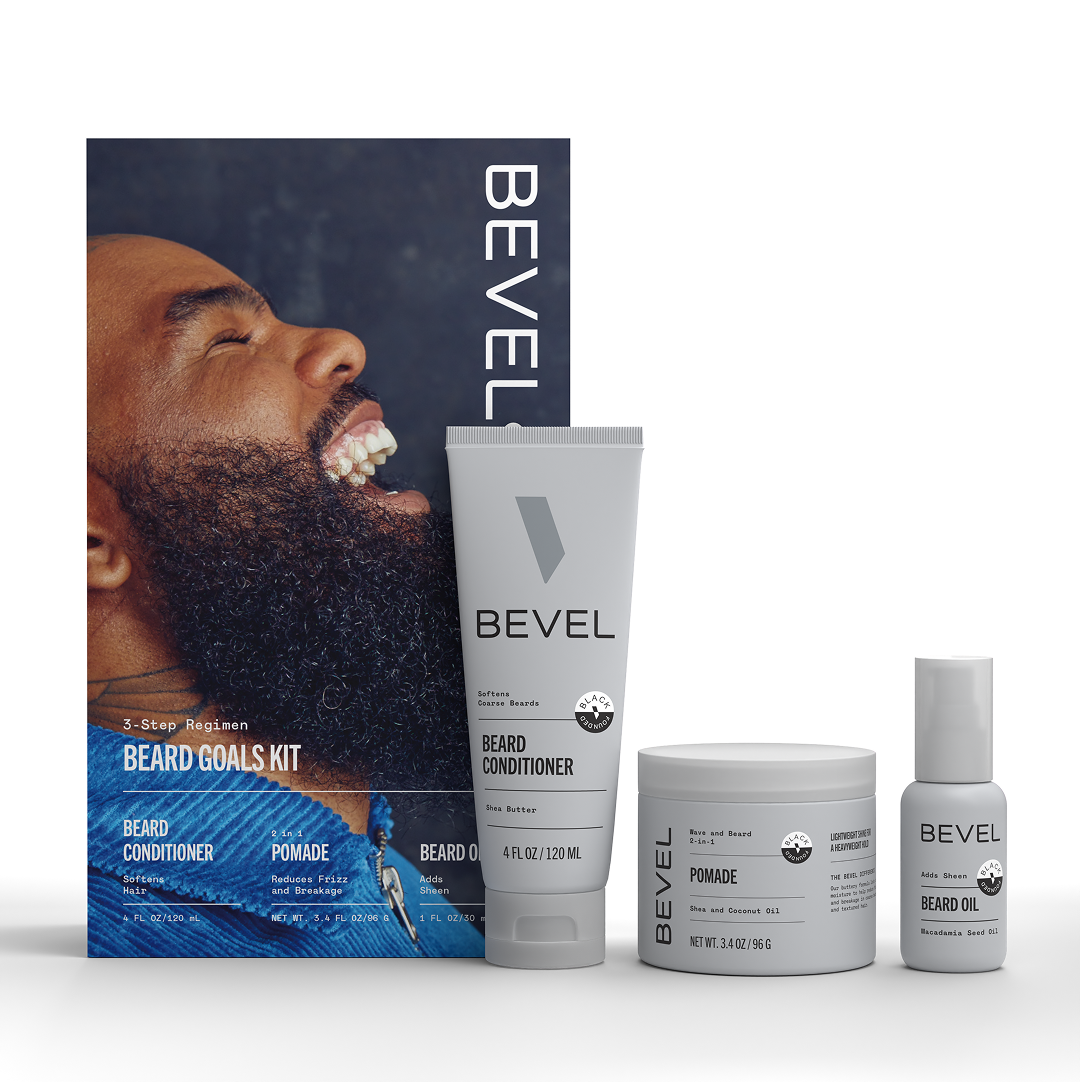 Bevel grooming products including a box, tube, jar, and bottle on a white background