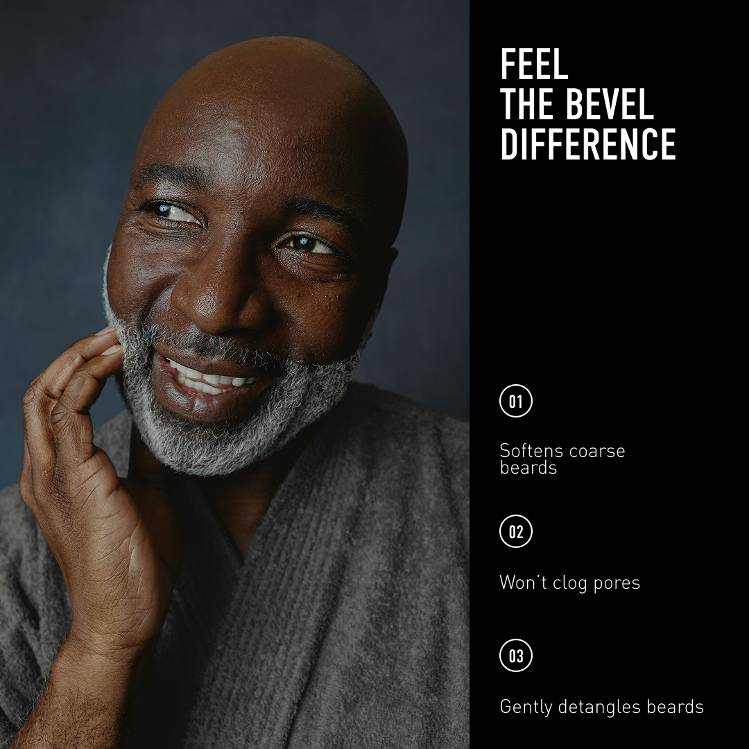 Man with a beard and gray sweater against a dark background with text about beard care.