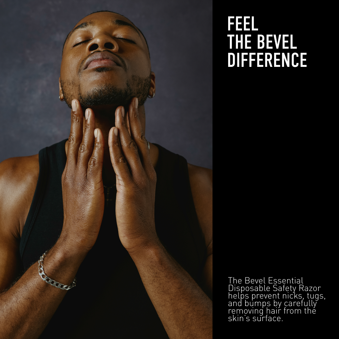 Man touching his beard with a promotional message for The Bevel Disposable Safety Razor on the right.