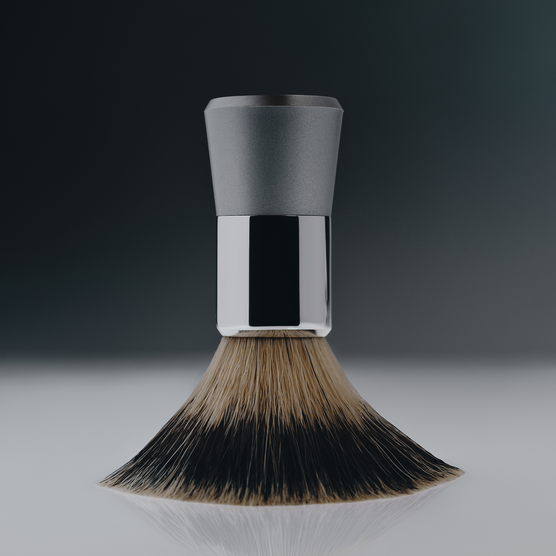 Shaving brush with gray handle and black bristles on a gradient background