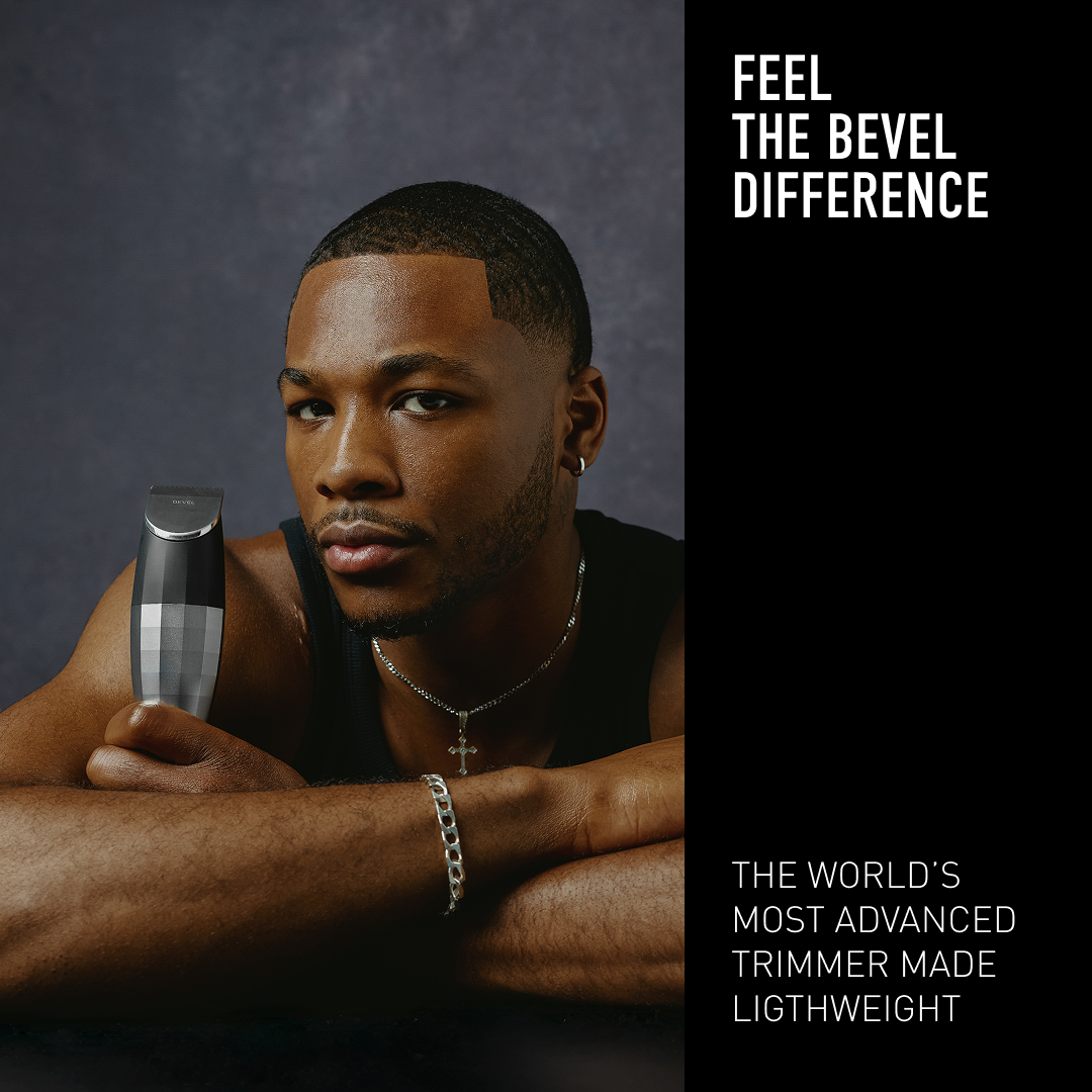 Man holding a beard trimmer with promotional text on a dark background