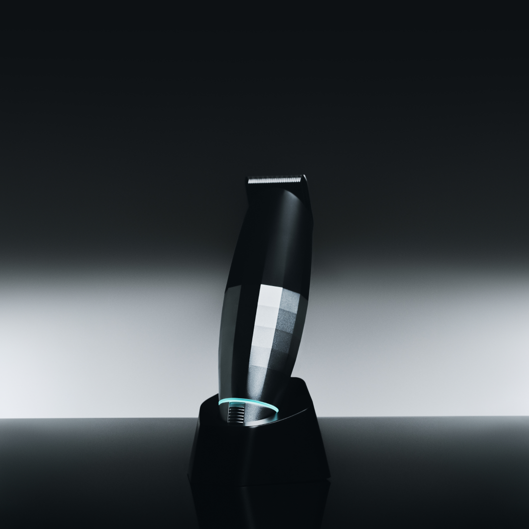 Black hair clipper on a reflective surface with a dark background