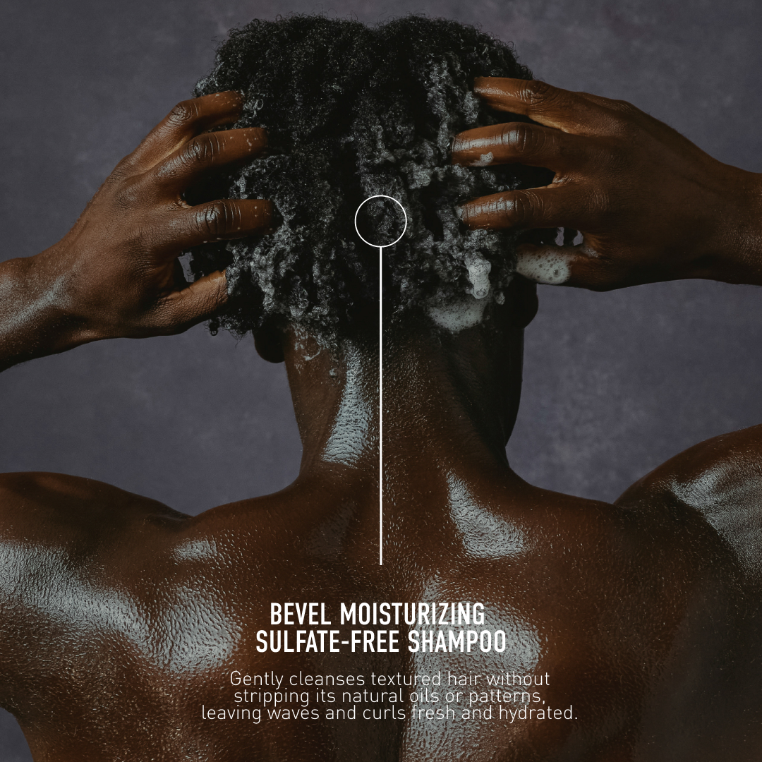 Person washing hair with text about Bevel Moisturizing Sulfate-Free Shampoo on a dark background