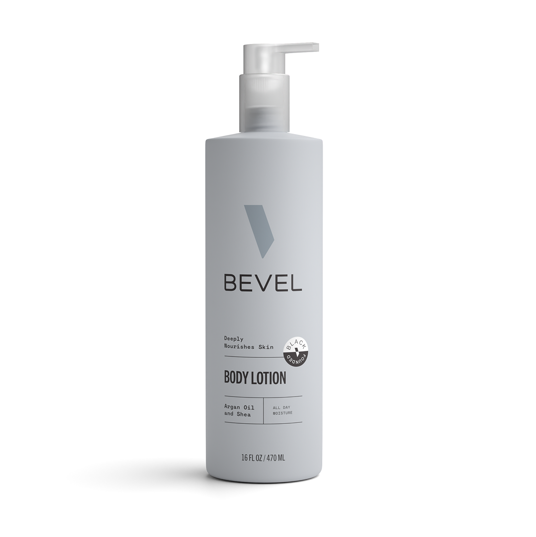 Bevel body lotion bottle on a white background