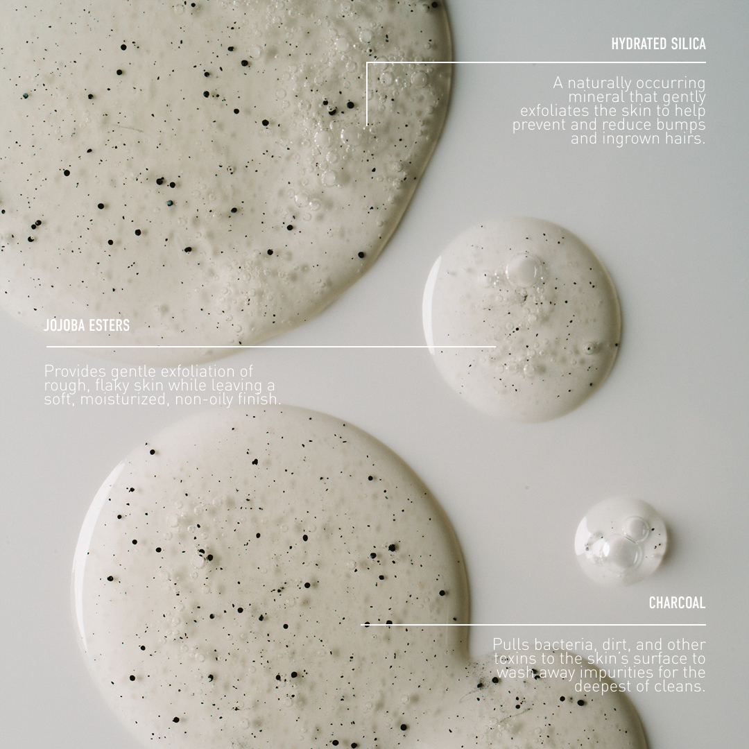 Close-up of a skincare product with text describing ingredients on a white background