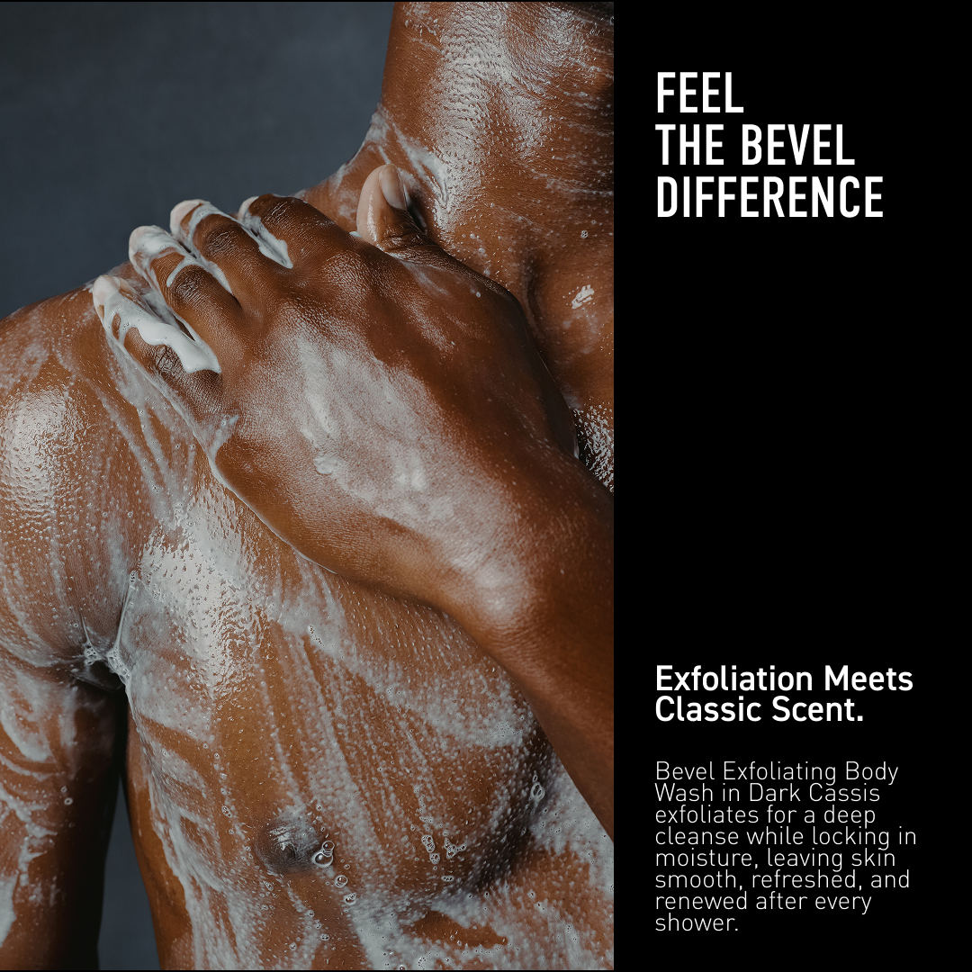Person applying exfoliating body wash with text about 'Feel the Bevel Difference' and product benefits.