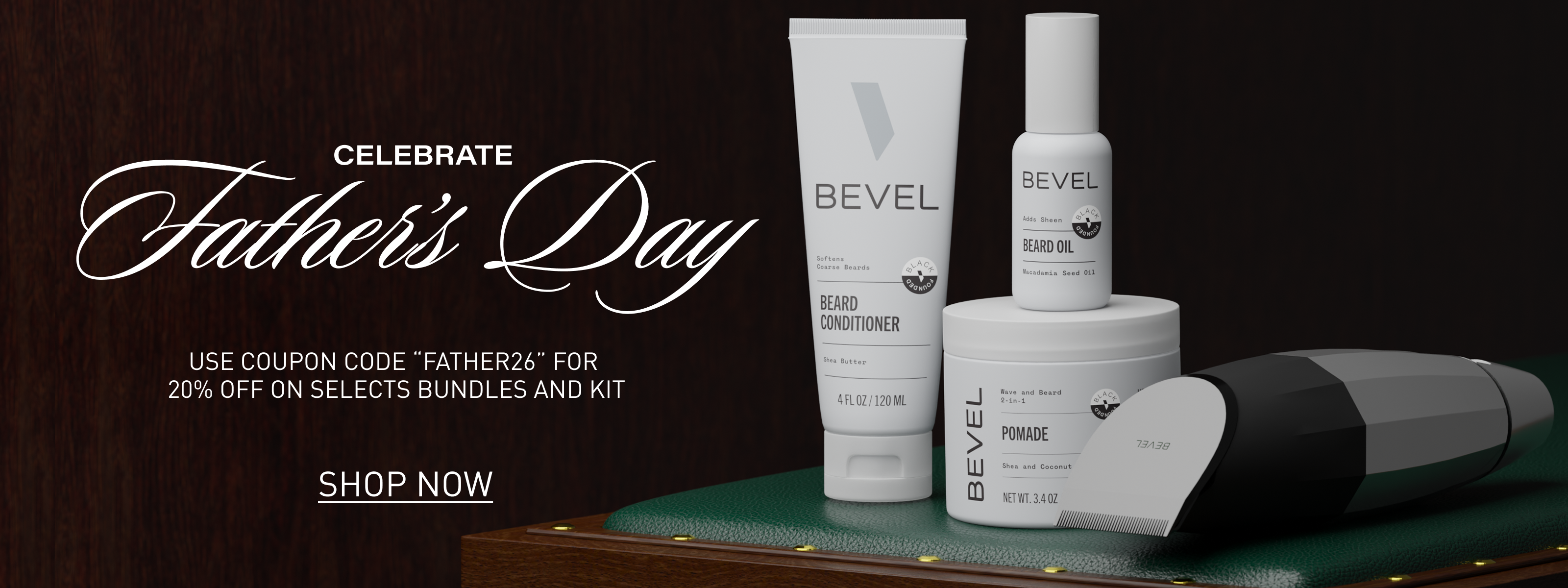 Bevel grooming products on a wooden tray with Father's Day promotion text.