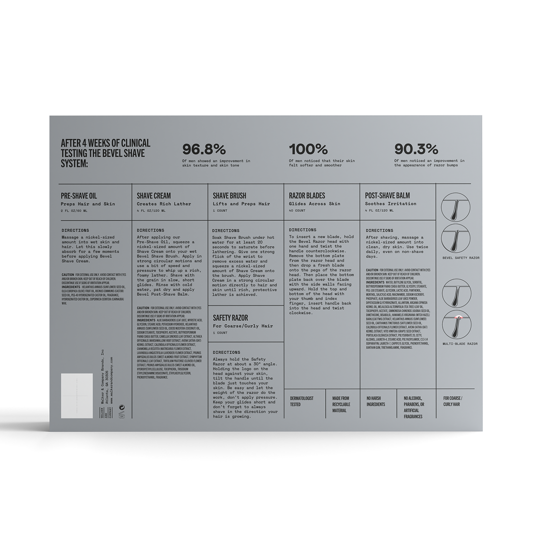Product packaging with text and icons on a gray background